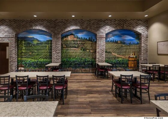 Paisan's banquet room, Tuscan murals on brick arches